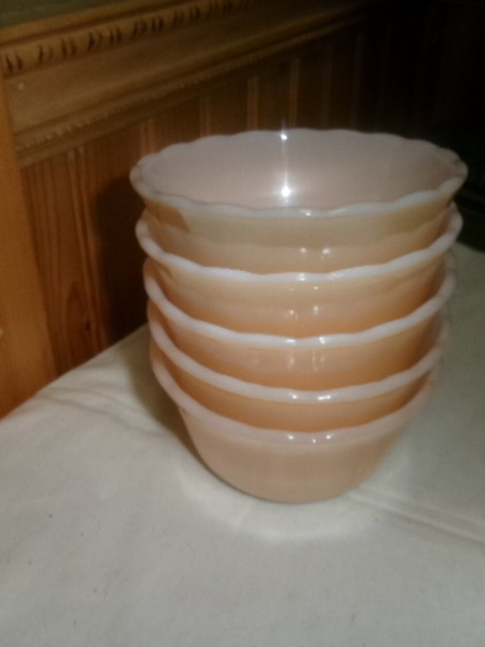 Vtg lot of 5 fire king elegant peach luster opalescent berry bowls cup of soup